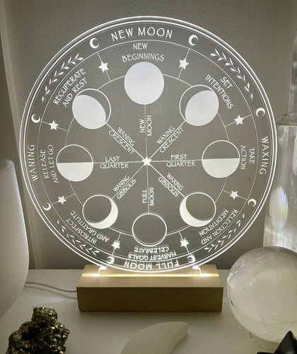 Moon phases Acrylic Glass board + Led will assist in connecting you to the energy of the moon attuning your alignment to the universe.
