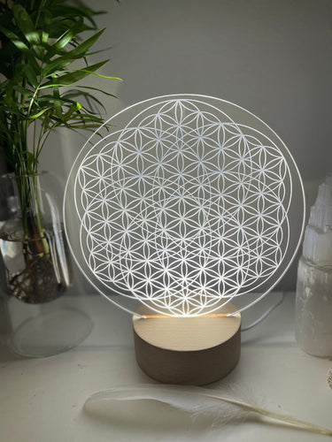 Flower of Life Variation with round wooden led light base - usb