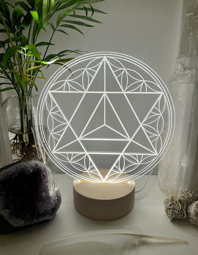 Merkaba & flower of life - Sacred Geometry with wooden led light base - universal usb connection