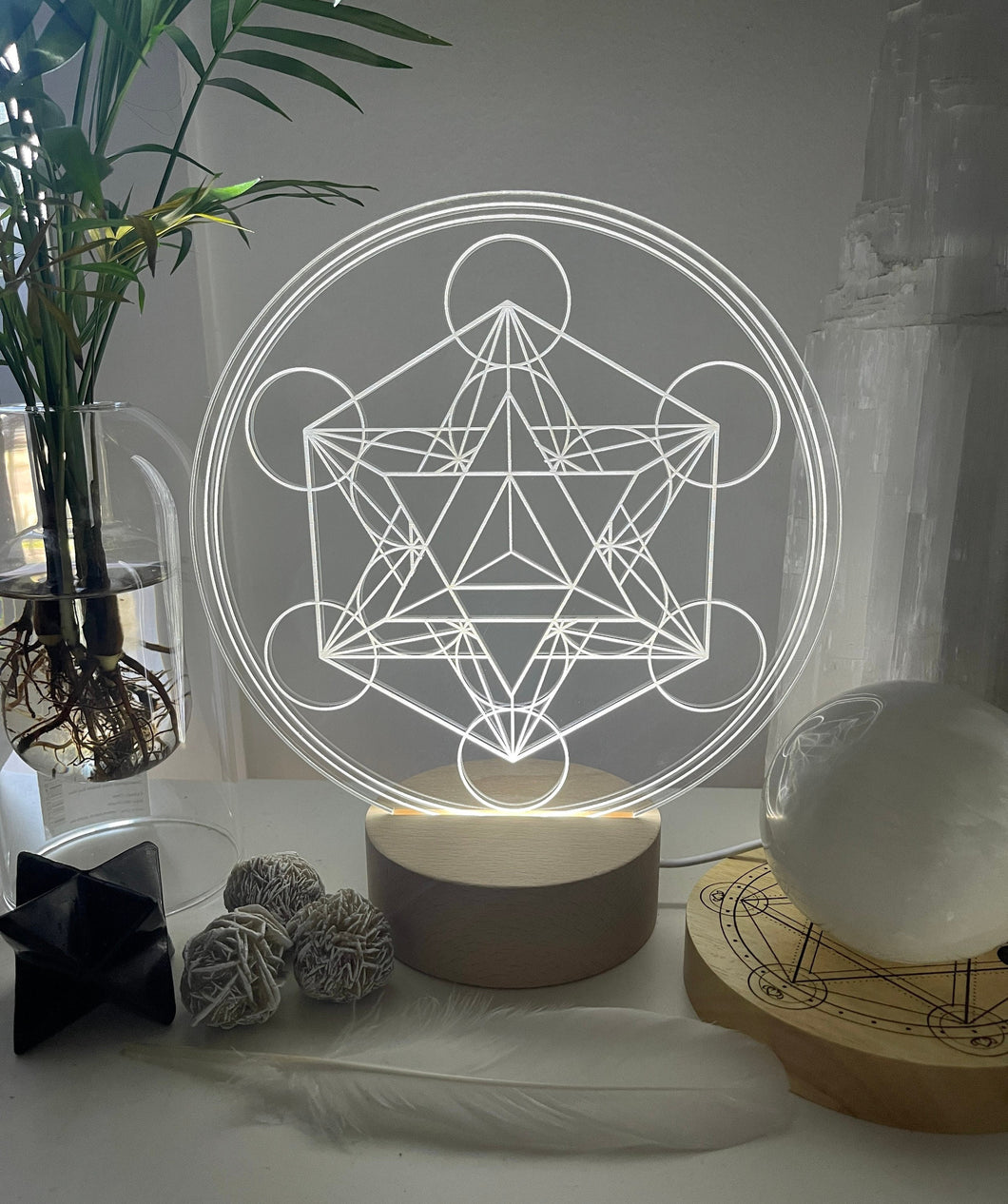 Merkaba & Metatron’s Cube - Sacred Geometry with wooden led light base - universal usb connection