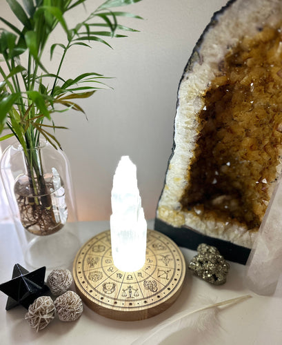 Large Astrology wheel | star sign - large led base + Selenite Tower set