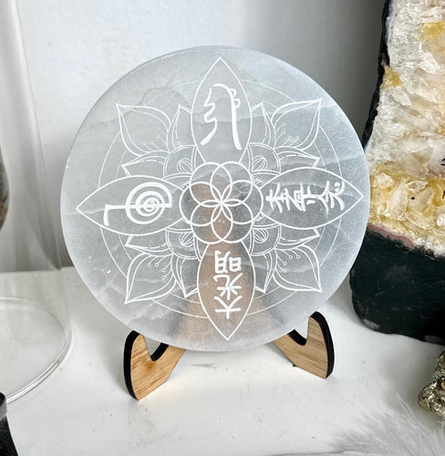 Reiki symbols on selenite plate / board on Selenite charging plate- Locally made