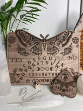 Load image into Gallery viewer, Moth | ouija board - II with triquetra + pentagram with spirit board with Planchette - Locally made
