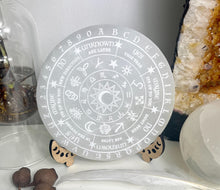 Load image into Gallery viewer, Witch Runes Pendulum board | Spirit board on large selenite charging plate
