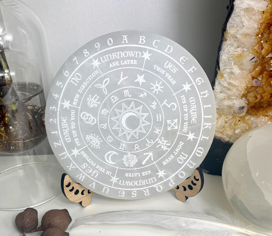 Witch Runes Pendulum board | Spirit board on large selenite charging plate