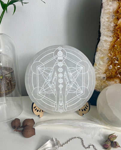 Distant Healing board + Metatrons cube on selenite plate Large 14cm circ
