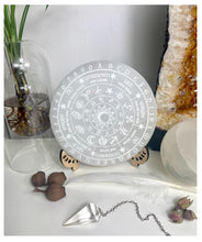 Load image into Gallery viewer, Witch Runes Pendulum board | Spirit board on large selenite charging plate
