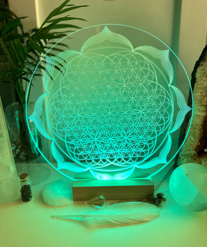 Flower of Life + Seed petal of life vibrational variation | high vibrational pattern | optional USB Rainbow Colours LED light base