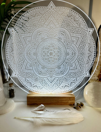 Intricate vibrational Mandala Pattern - glass Perspex with or without night light