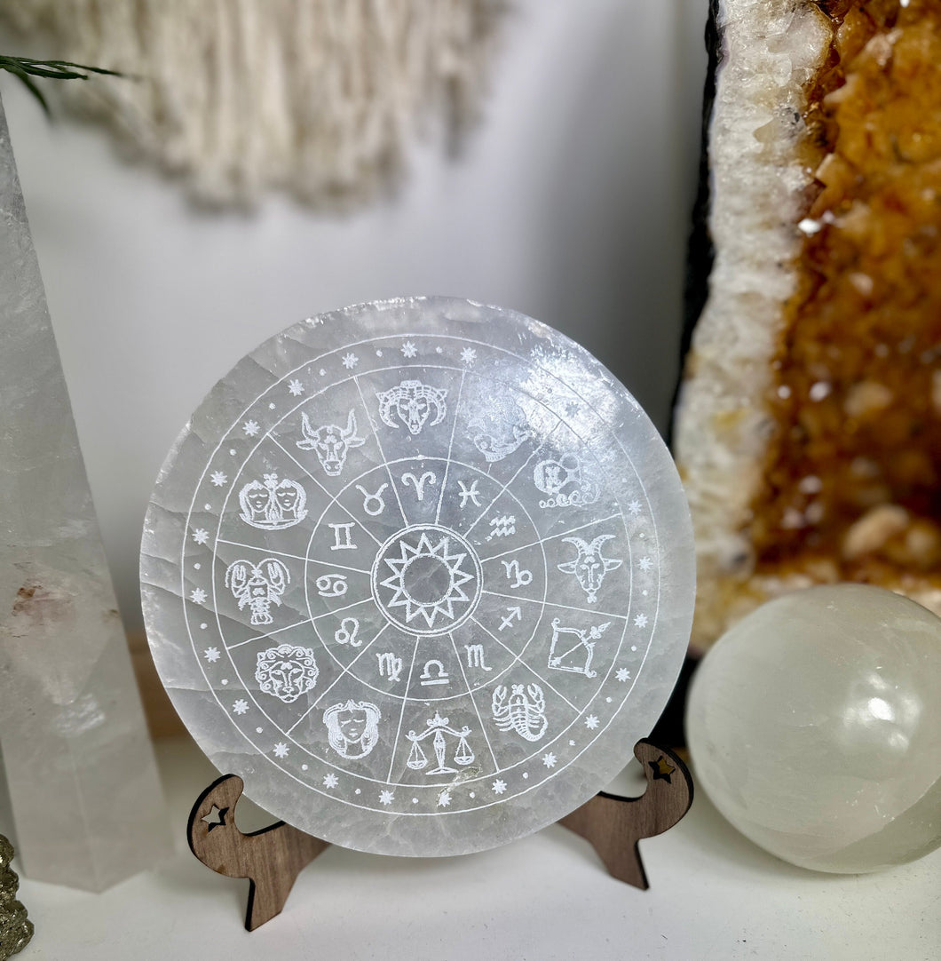 Astrological wheel on selenite charging plate 14cm