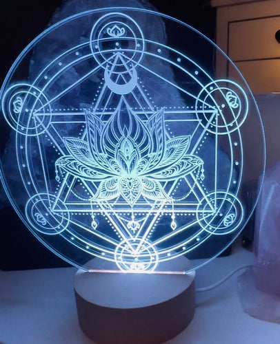 Metatrons cube and lotus flower - coloured wooden led light base - universal usb connections
