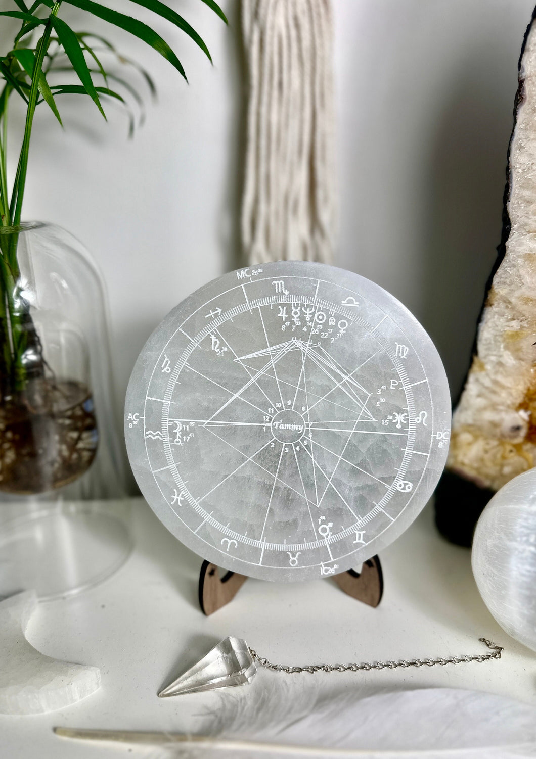 Custom astrology natal chart on selenite plate