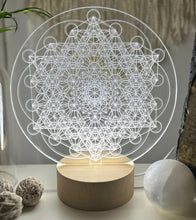 Load image into Gallery viewer, Variation Metatrons cube + seed of life - Small wooden led light base - universal usb connections

