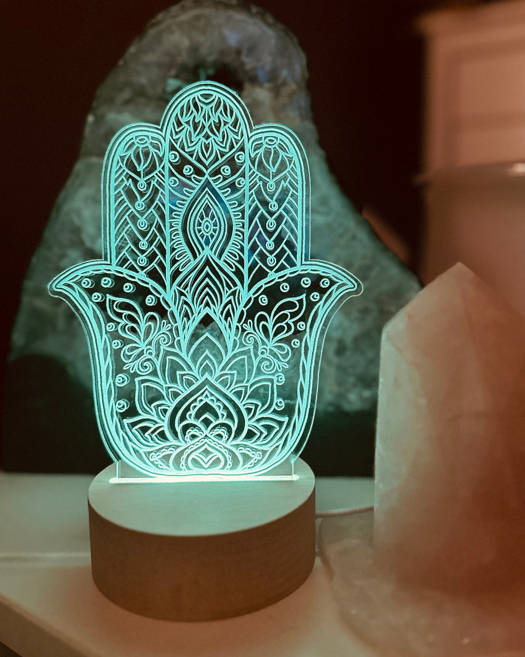 Hamsa Hand Sacred symbol of universal protection, power and strength - wooden led light base - universal usb connection