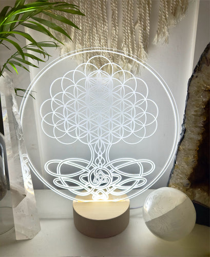 Tree of life with flower of life - wooden led light base - universal usb