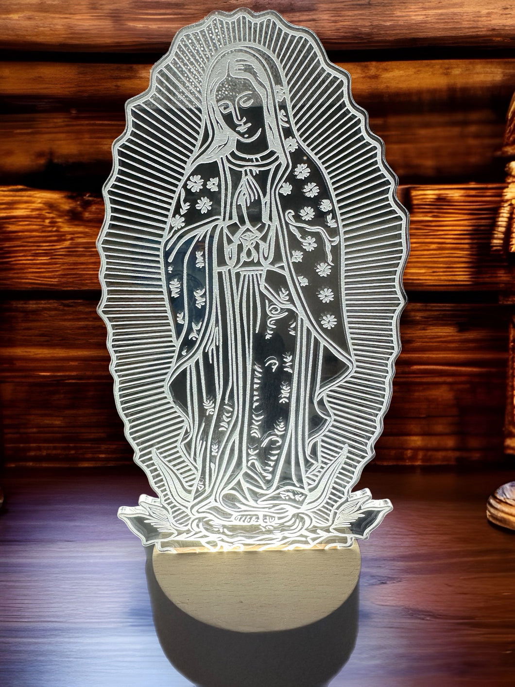 Holy Mother religious | Mother Mary statue - wooden led light base - universal usb connection
