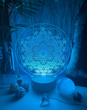 Load image into Gallery viewer, Variation Metatrons cube + seed of life - Small wooden led light base - universal usb connections
