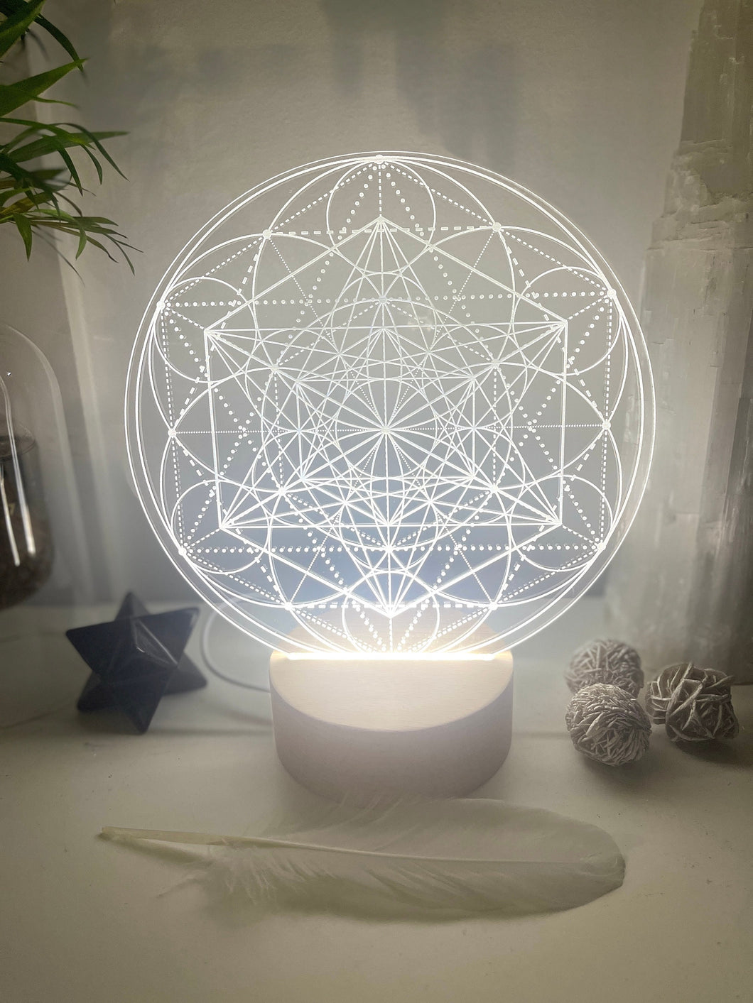 Sacred Geometry | Metatrons Cube + Seed of life - Small wooden led light base - universal usb connections