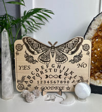 Load image into Gallery viewer, Moth | ouija board - II with triquetra + pentagram with spirit board with Planchette - Locally made
