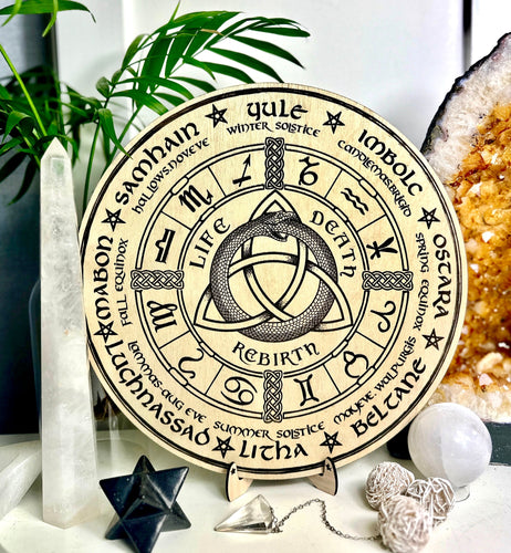 Wheel of the year snake + trinity knot | triquetra | Wicca | Pagan seasons Calendar - engraved wood