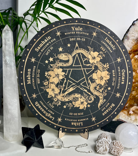 Wheel of the year | floral pentagram | Wicca | Pagan seasons Calendar - engraved wood