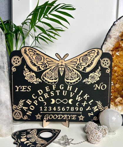 Moth | ouija board - II with triquetra + pentagram with spirit board with Planchette - engraved wood