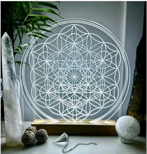 Flower of Life and Metatron Cube | 2 high vibrational pattern sacred Geometry Patterns| optional USB LED light base