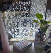 Load image into Gallery viewer, Sacred Geometry pattern| Metatrons cube + seed of life | high vibrational pattern | optional| LED light base
