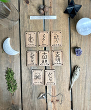 Load image into Gallery viewer, Reiki symbols/wooden cards / meanings various | Usui | karuna | Cho Ku Rei, Sei Hei Kei, Hon Sha Ze Sho Nen, dai ko myo small set
