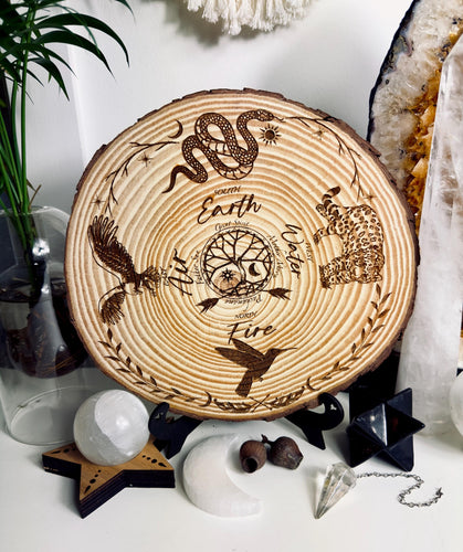 Shamanic 4 directions board on wood slice with stand - locally designed and made