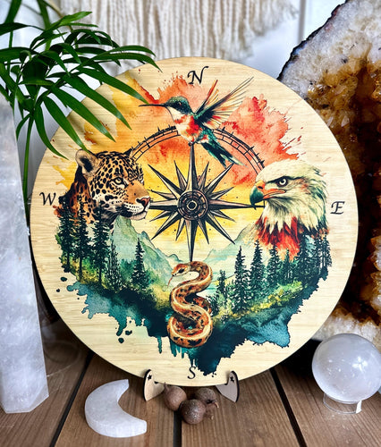 Shamanic wheel | 4 directions - jaguar, eagle, hummingbird, snake, 4 winds, printed bamboo - Locally made