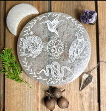 Load image into Gallery viewer, Shamanic 4 directions humming bird, eagle, serpent, jaguar- on large 14cm selenite charging plate optional stand
