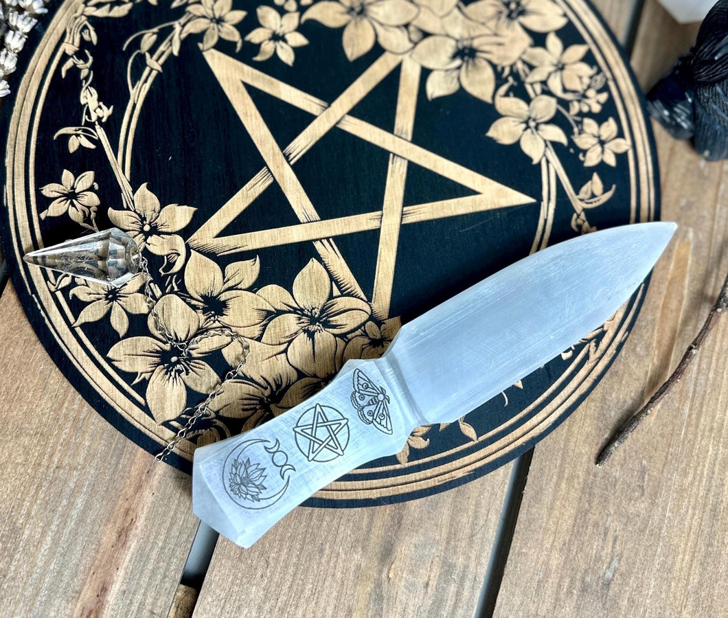Engraved Selenite Athame | knife 25cm alter peice | ceremony