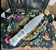 Load image into Gallery viewer, Engraved Selenite Athame | knife 25cm alter peice | ceremony
