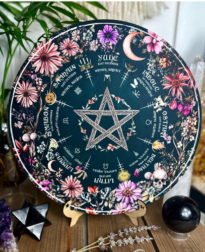 Vintage Floral pentagram | Wheel of the year board | Wiccan | witch Pagan Calendar - printed on wood Locally made