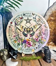 Load image into Gallery viewer, Green Witch Moth pentagram | Wheel of the year board | Wiccan | witch Pagan Calendar - printed on wood Locally made
