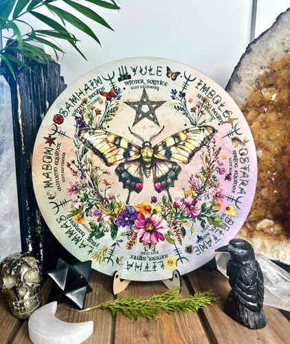 Green Witch Moth pentagram | Wheel of the year board | Wiccan | witch Pagan Calendar - printed on wood Locally made