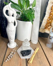 Load image into Gallery viewer, Mini Cleanse + Protect kit Selenite Tower Blk Tourmaline Palo Santo, hexagon selenite plate
