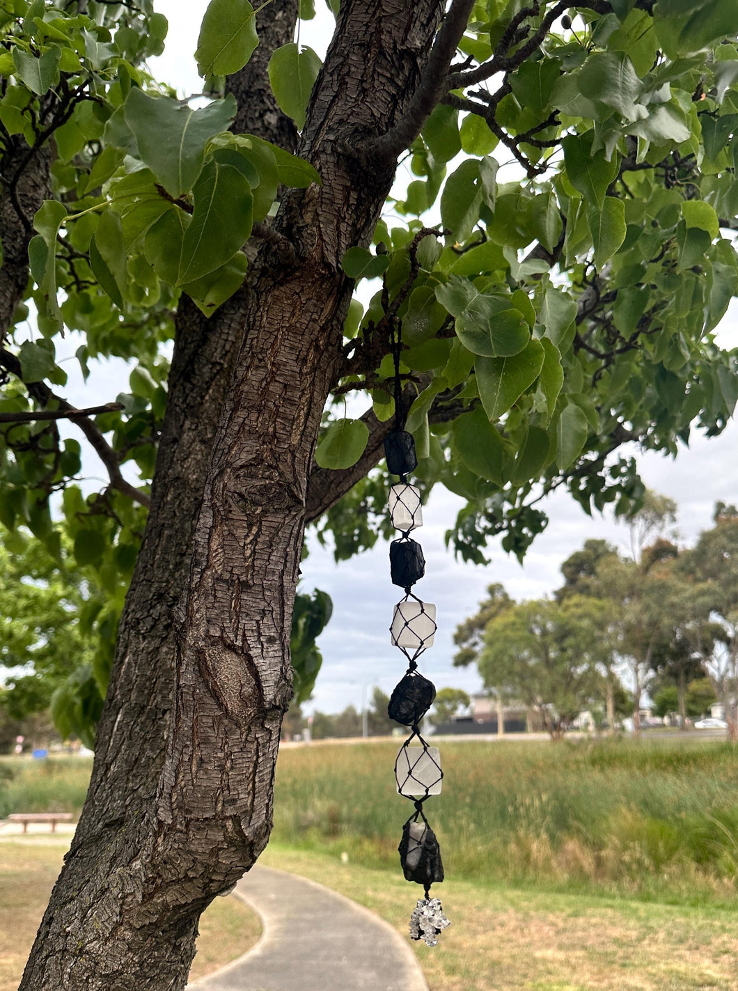 Selenite | Macrame hanger - house protection - Selenite, Raw Black Tourmaline