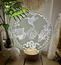 Load image into Gallery viewer, Shamanic 4 directions humming bird, eagle, serpent, jaguar- on large 14cm selenite charging plate optional stand
