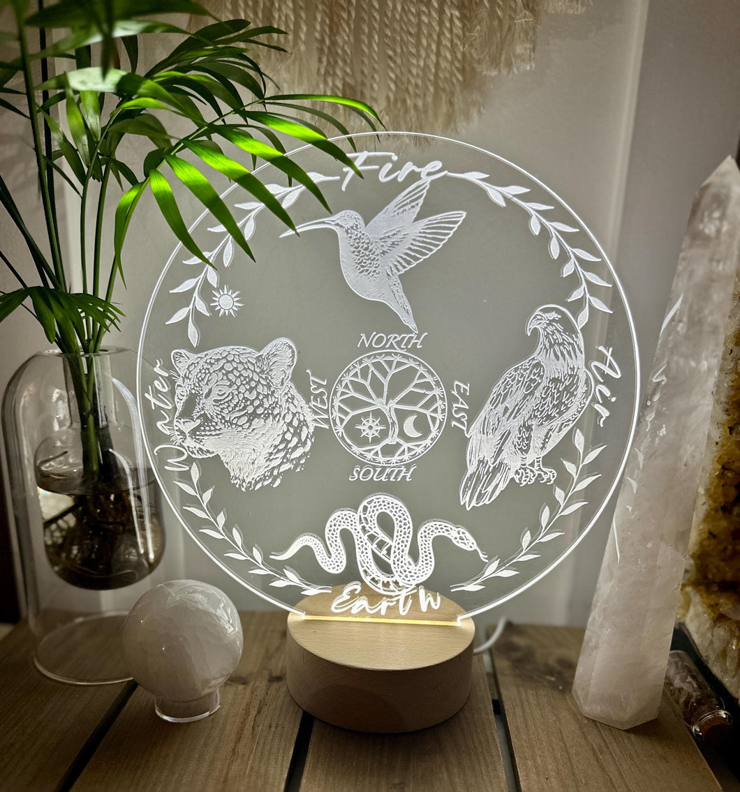 Shamanic 4 directions humming bird, eagle, serpent, jaguar- on large 14cm selenite charging plate optional stand
