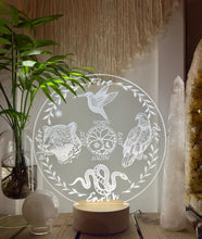 Load image into Gallery viewer, Shamanic 4 directions humming bird, eagle, serpent, jaguar- on large 14cm selenite charging plate optional stand
