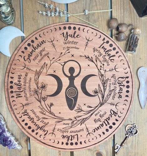 Triplemoon spiral goddess | Wheel of the Year Board | Pagan Wiccan Calendar for Sacred Spaces & Altars, Custom design Witch decor