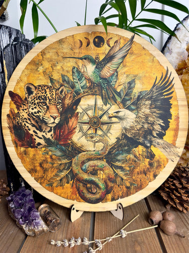 Shamanic wheel | 4 directions - jaguar, eagle, hummingbird, snake, 4 winds, printed bamboo - Locally made
