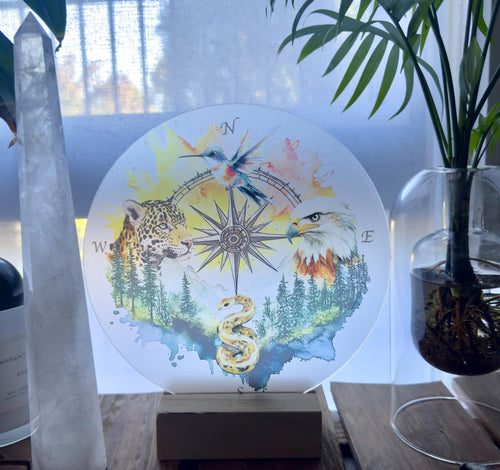 Shamanic wheel | 4 directions - jaguar, eagle, hummingbird, snake, 4 winds, printed Suncatcher - Locally made