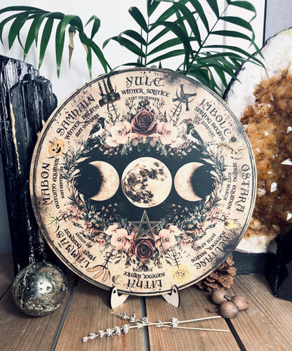 Vintage Rose Triple moon | Wheel of the year board | Wiccan | witch Pagan Calendar - printed design Locally made