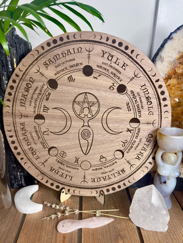 Triplemoon spiral goddess | Wheel of the Year Board | Pagan Wiccan Calendar for Sacred Spaces & Altars, Custom design Witch decor