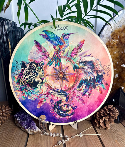 Shamanic wheel 4 directions - jaguar, eagle, hummingbird, snake, printed on wood Locally made