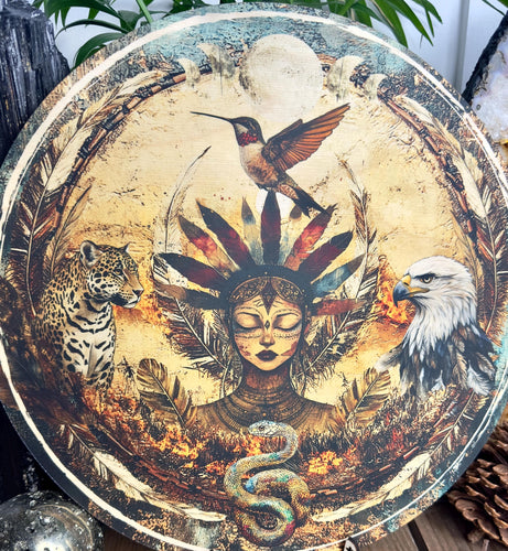Shamanic wheel | 4 directions + pachamama | jaguar, eagle, hummingbird, snake, 4 winds, printed bamboo - Locally made