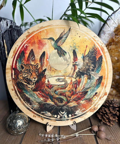 Shamanic wheel | 4 directions - jaguar, eagle, hummingbird, snake, 4 winds, printed bamboo - Locally made
